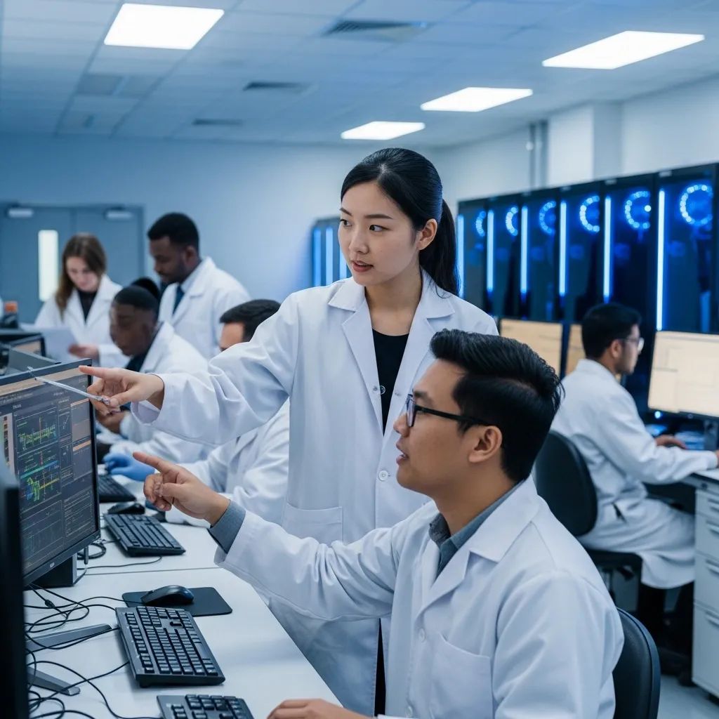 Researchers in a modern Thai university lab collaborating over scientific equipment