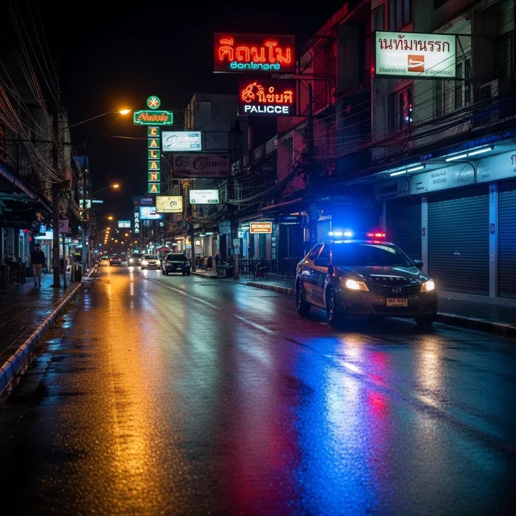 Empty Patong street at midnight with closed bar shutters and a police patrol car with flashing lights
