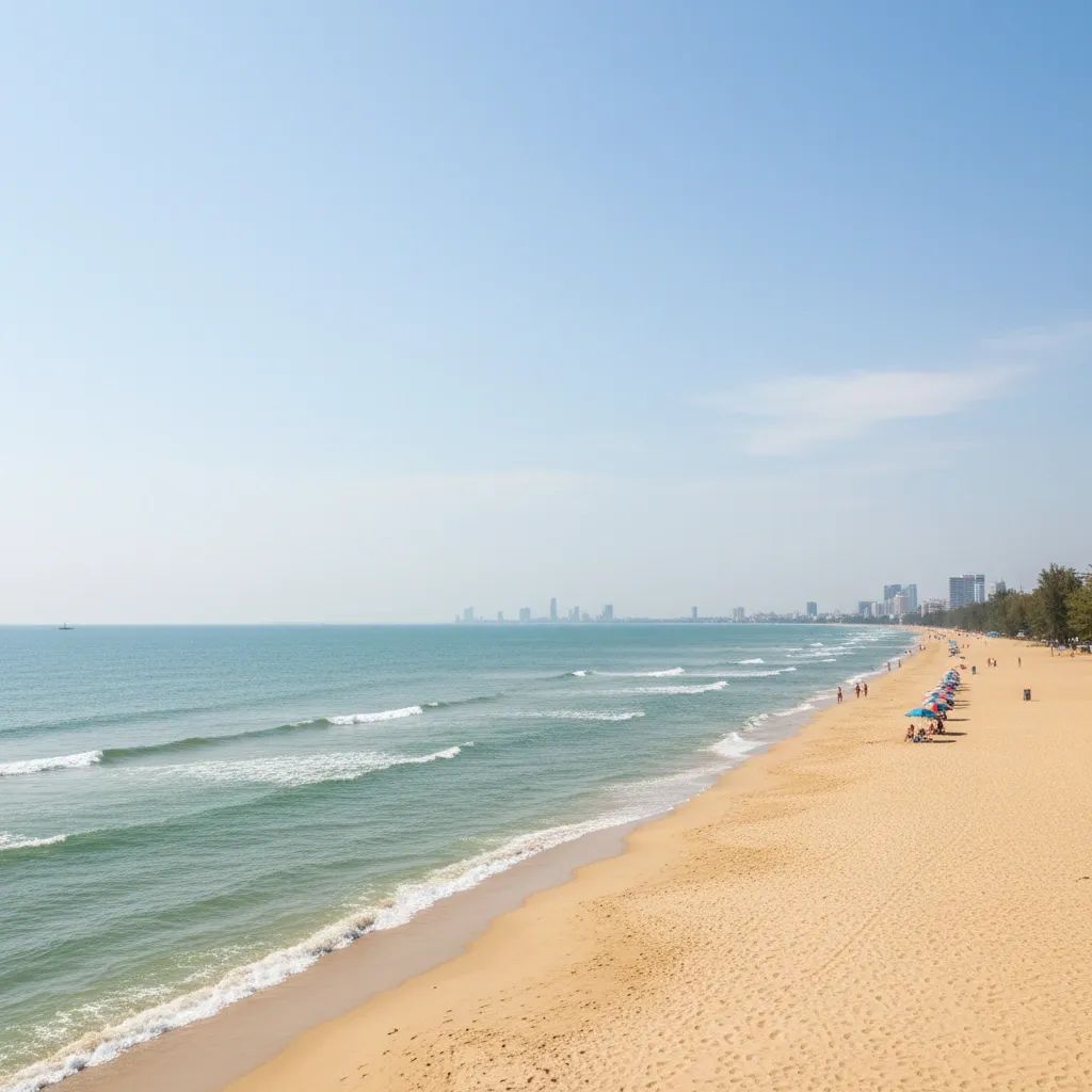 Wide view of Pattaya beach with calm turquoise water and distant sunbathers during a heatwave