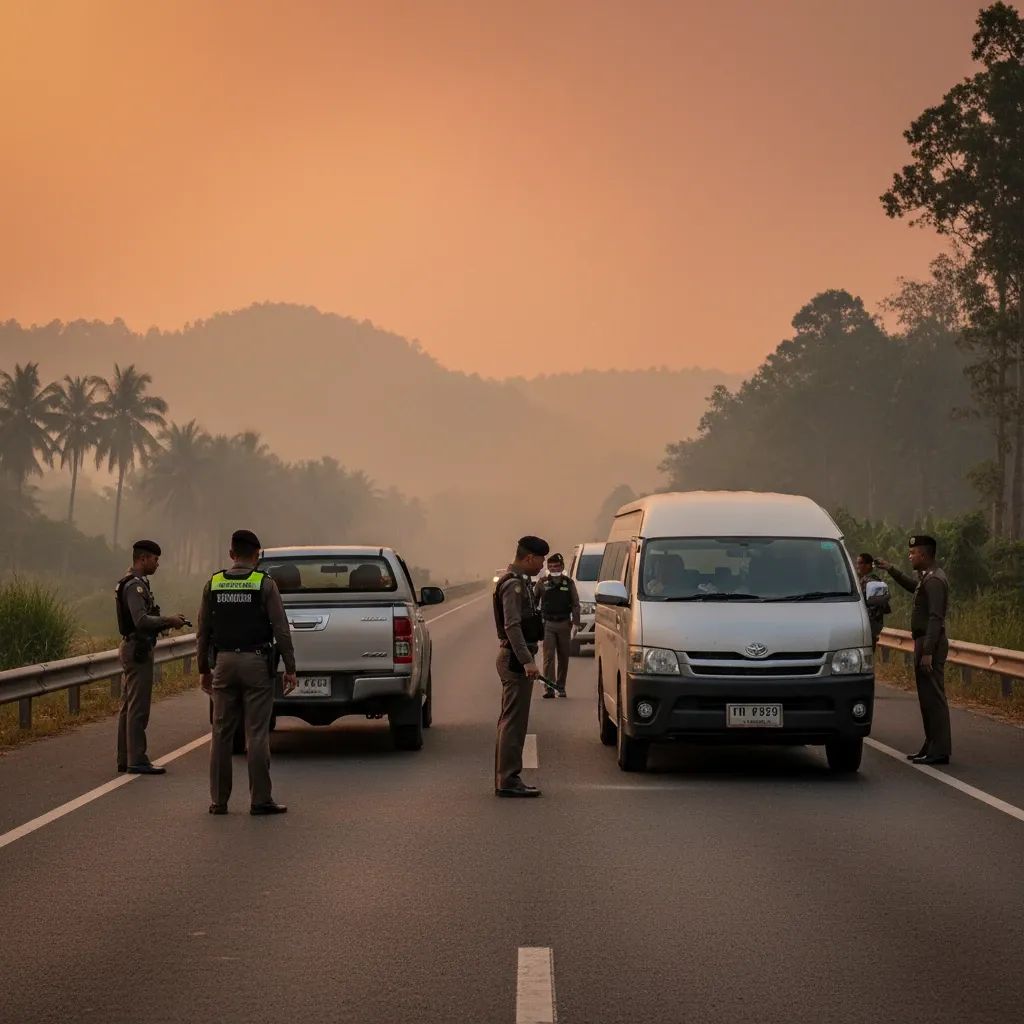 Highway roadblock with Thai police and smoky haze from a distant wildfire