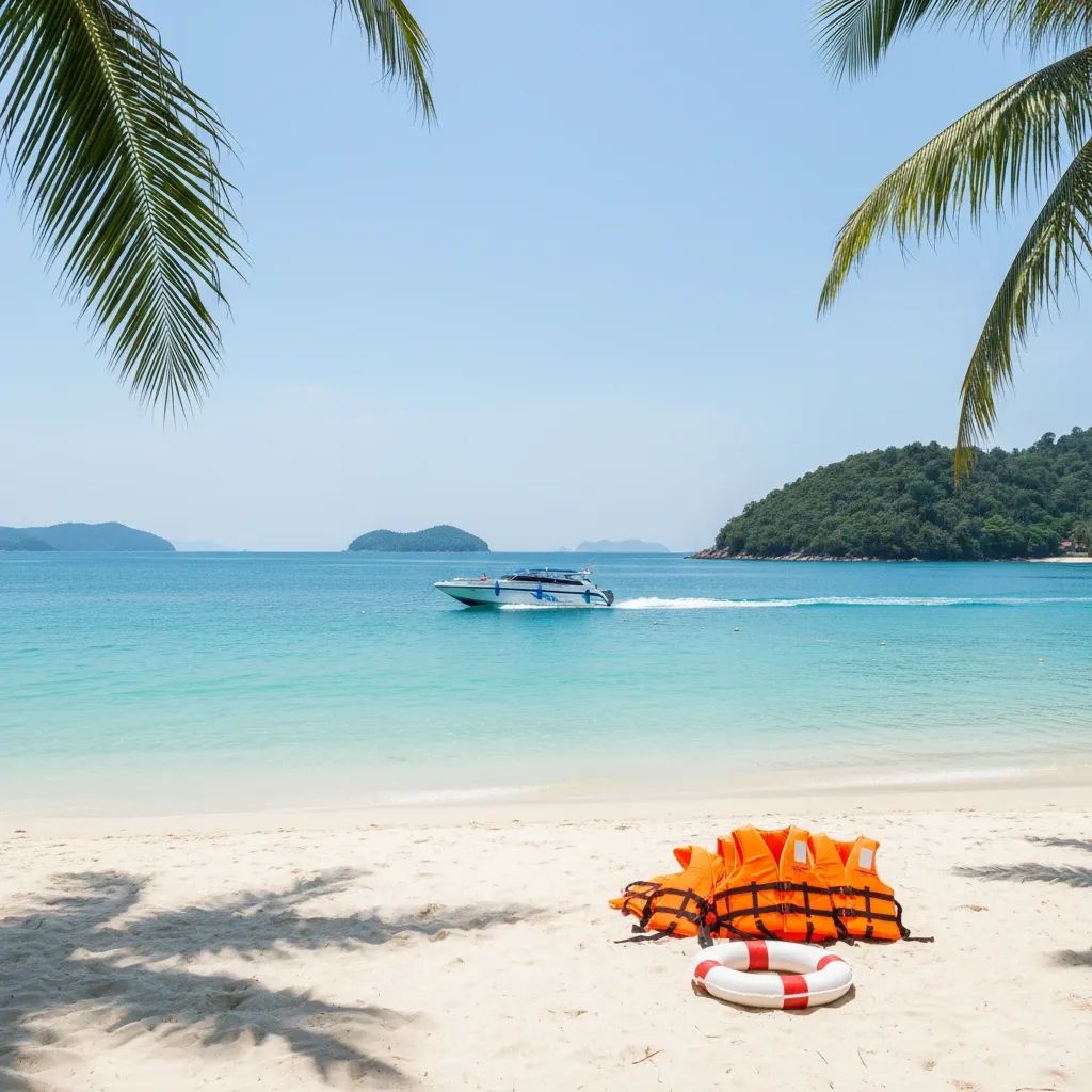 Tropical Phuket beach with speedboat and calm blue waters, representing parasailing tourism and safety concerns