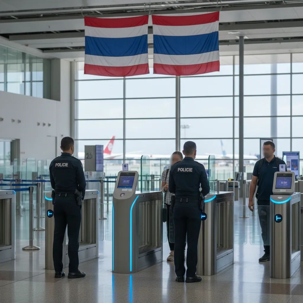 Thailand airport security checkpoint with biometric scanning and immigration officers