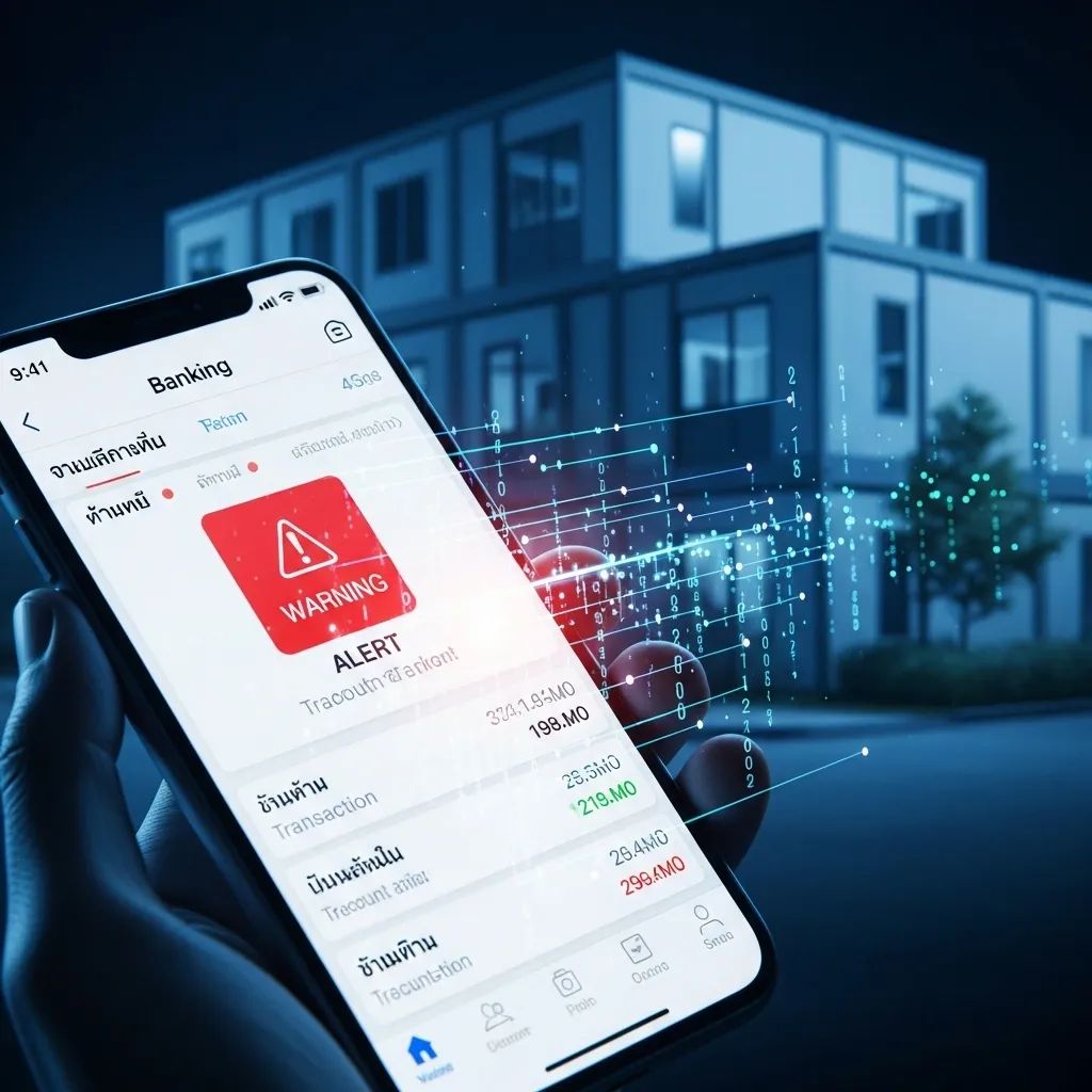 Smartphone showing Thai banking app warning icon with blurred office compound in background
