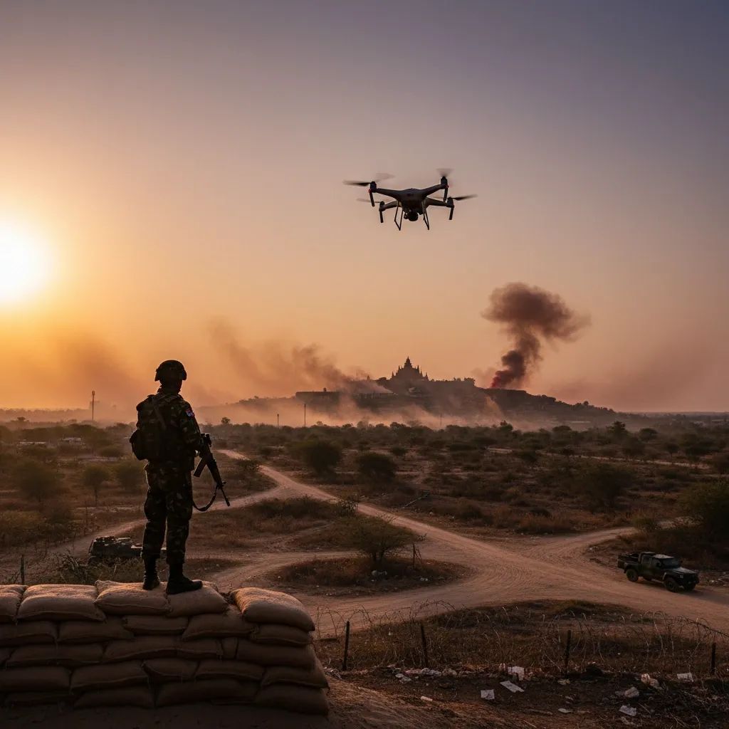 Thai soldier at border checkpoint watching smoke rise from destroyed hilltop casino scam hub