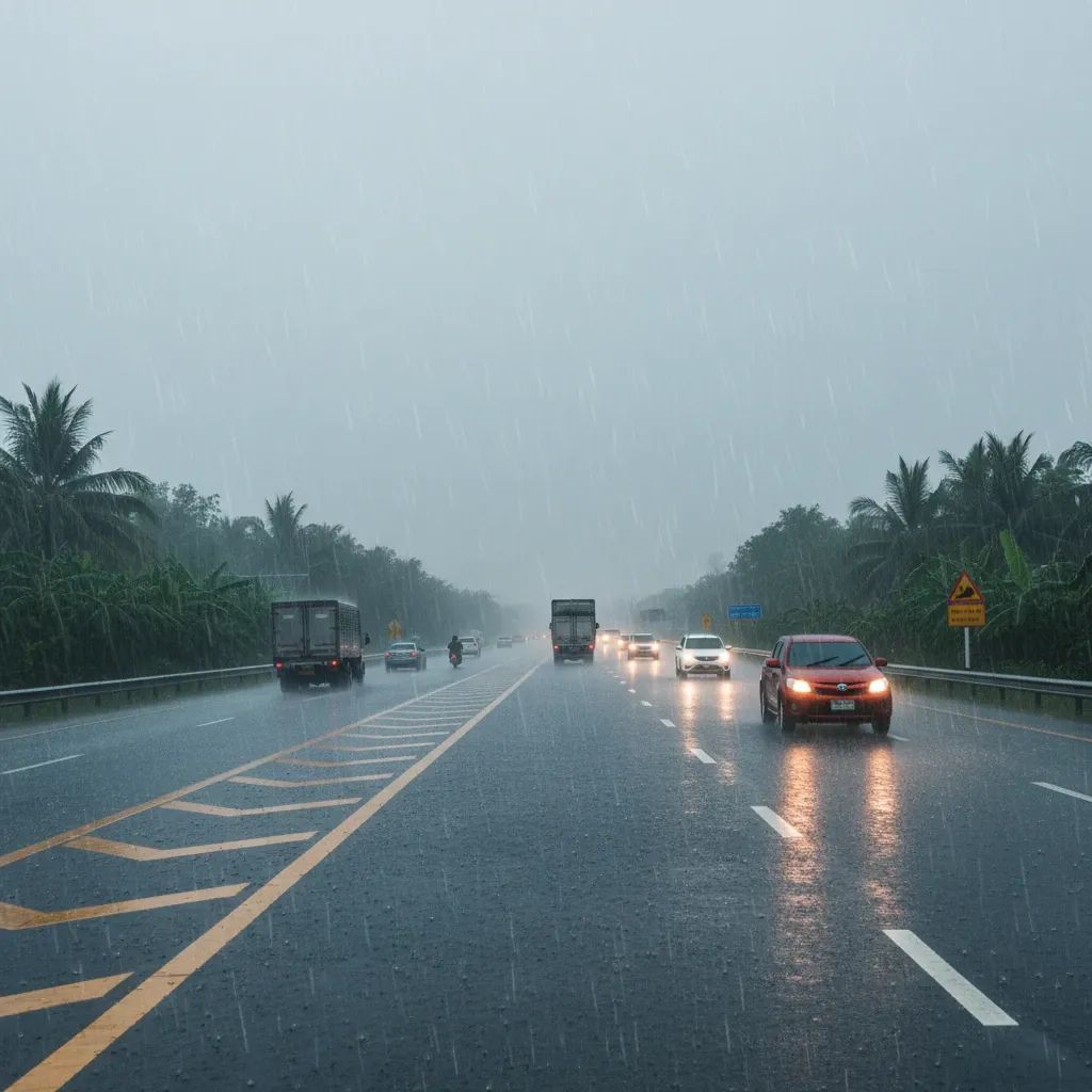 Vehicles driving carefully on wet Thailand highway during heavy monsoon rain with poor visibility