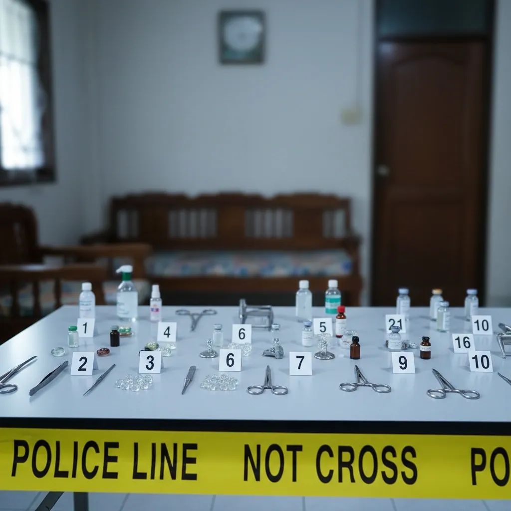 Evidence table of seized surgical tools and beads after Thai police raid an unlicensed body-modification clinic