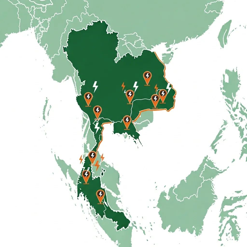 Infographic map of Thailand highlighting eastern border and electricity icons for cheaper power bills