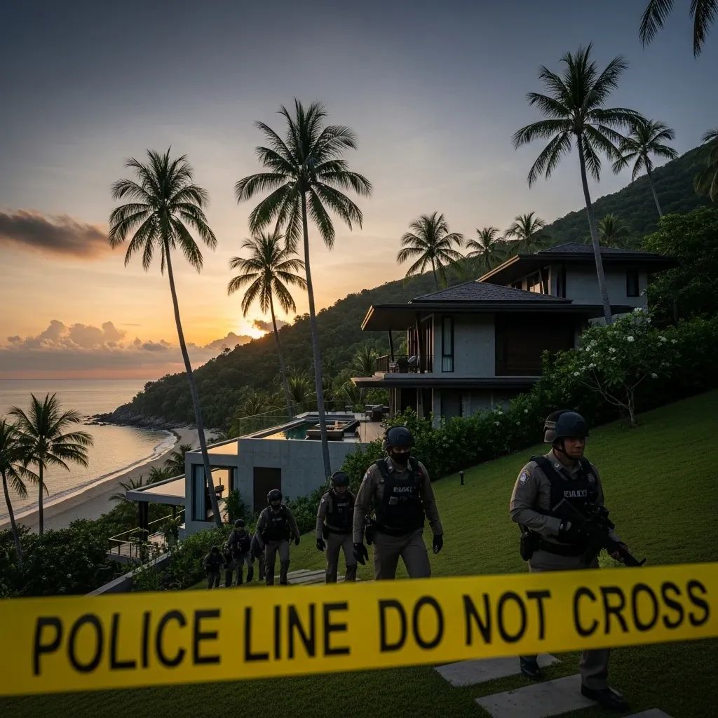 Thai police raid a hillside villa on Koh Phangan at dawn with palm trees