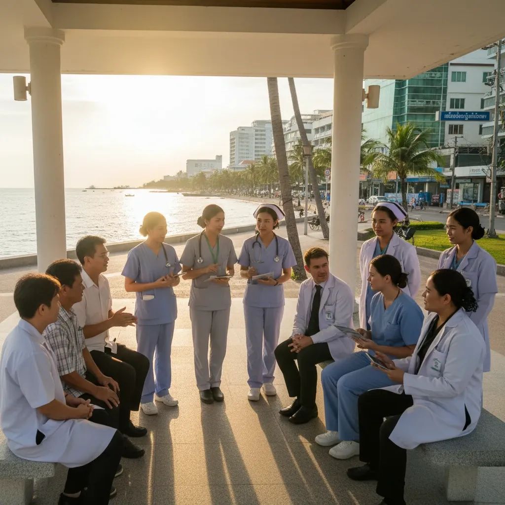 Social workers and healthcare professionals assisting in Pattaya beach community setting with mental health support focus