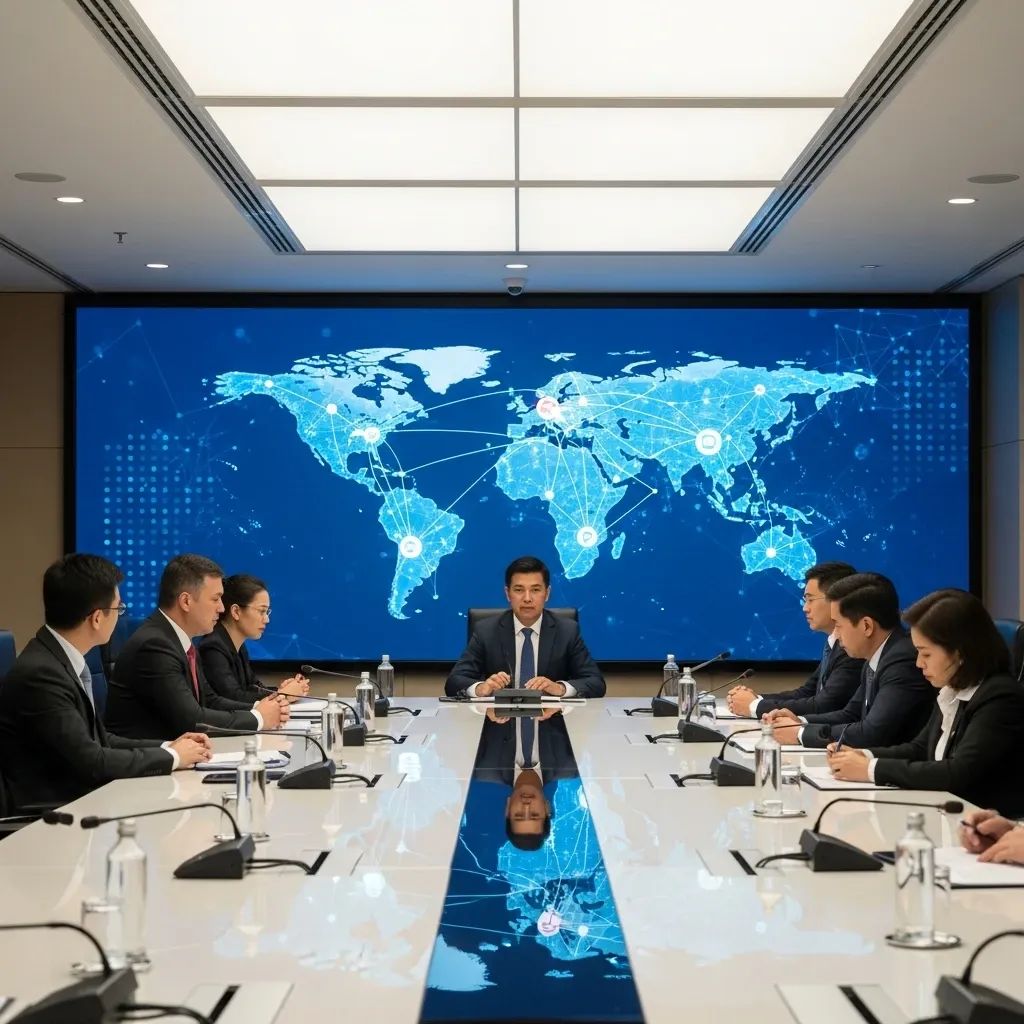 Delegates in a Bangkok conference room with a world map and network connection lines
