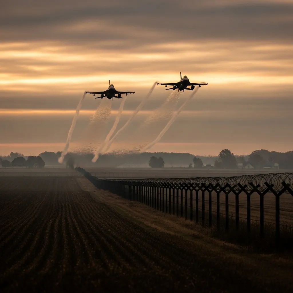 F-16 fighter jets flying over rural Thai-Cambodian border farmland