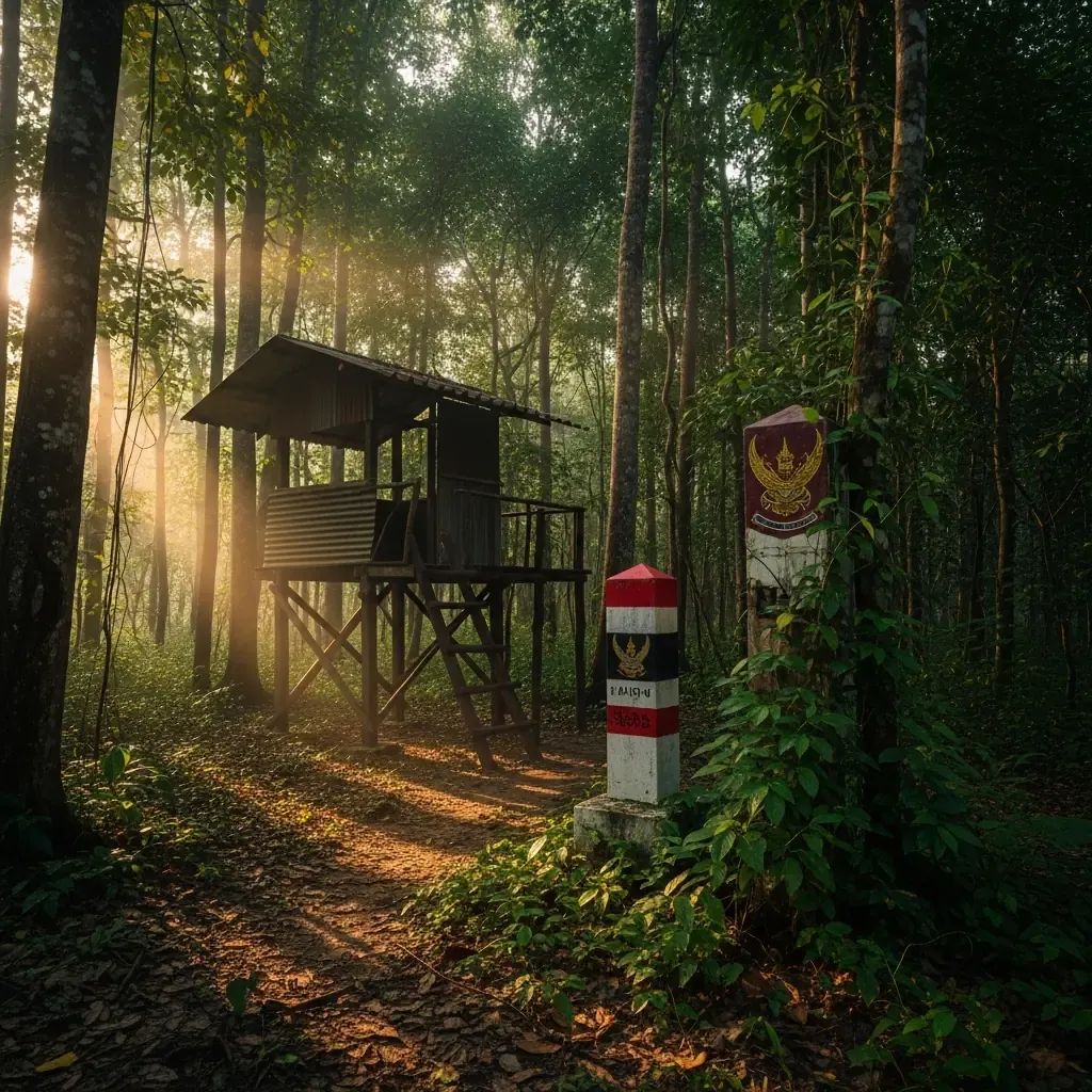 Thai border patrol outpost in dense forest at dawn with guard post and boundary marker
