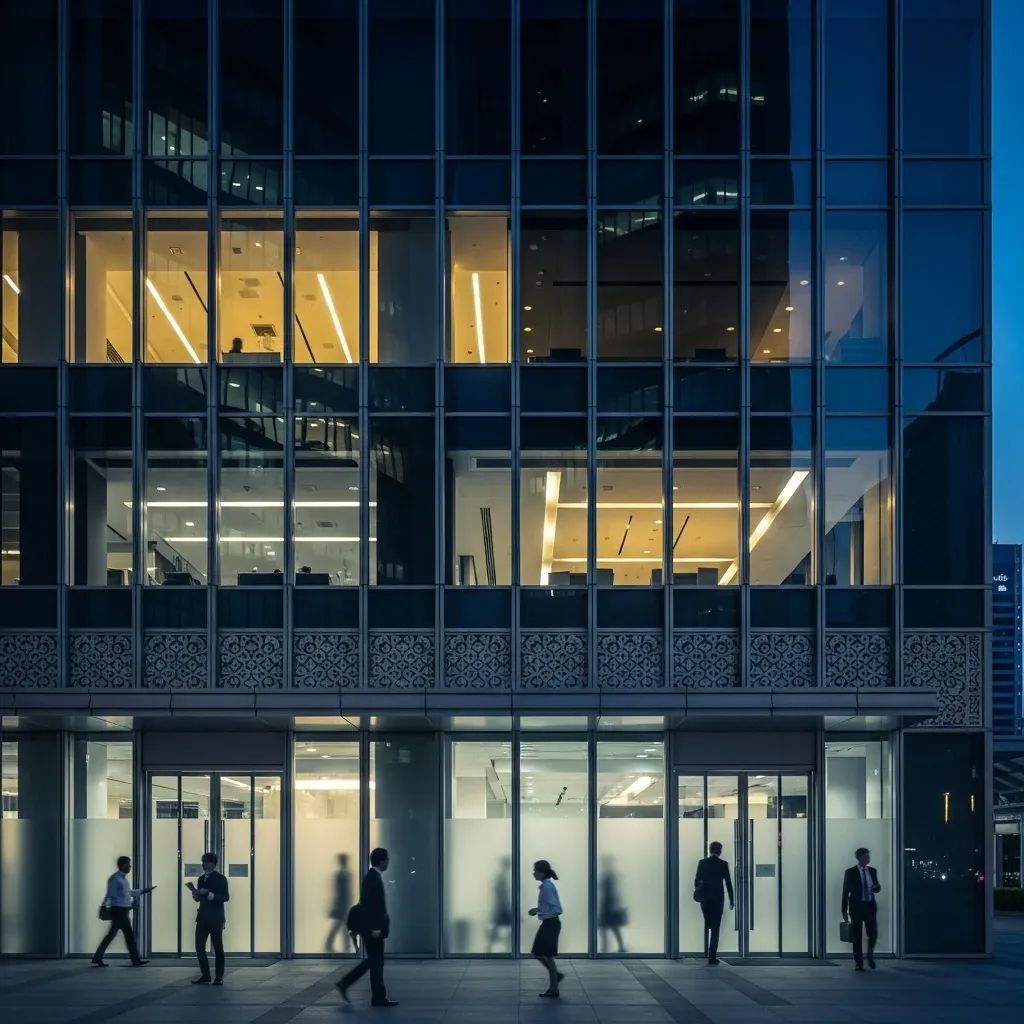 Modern Bangkok office building at dusk with silhouettes of business figures behind frosted glass windows