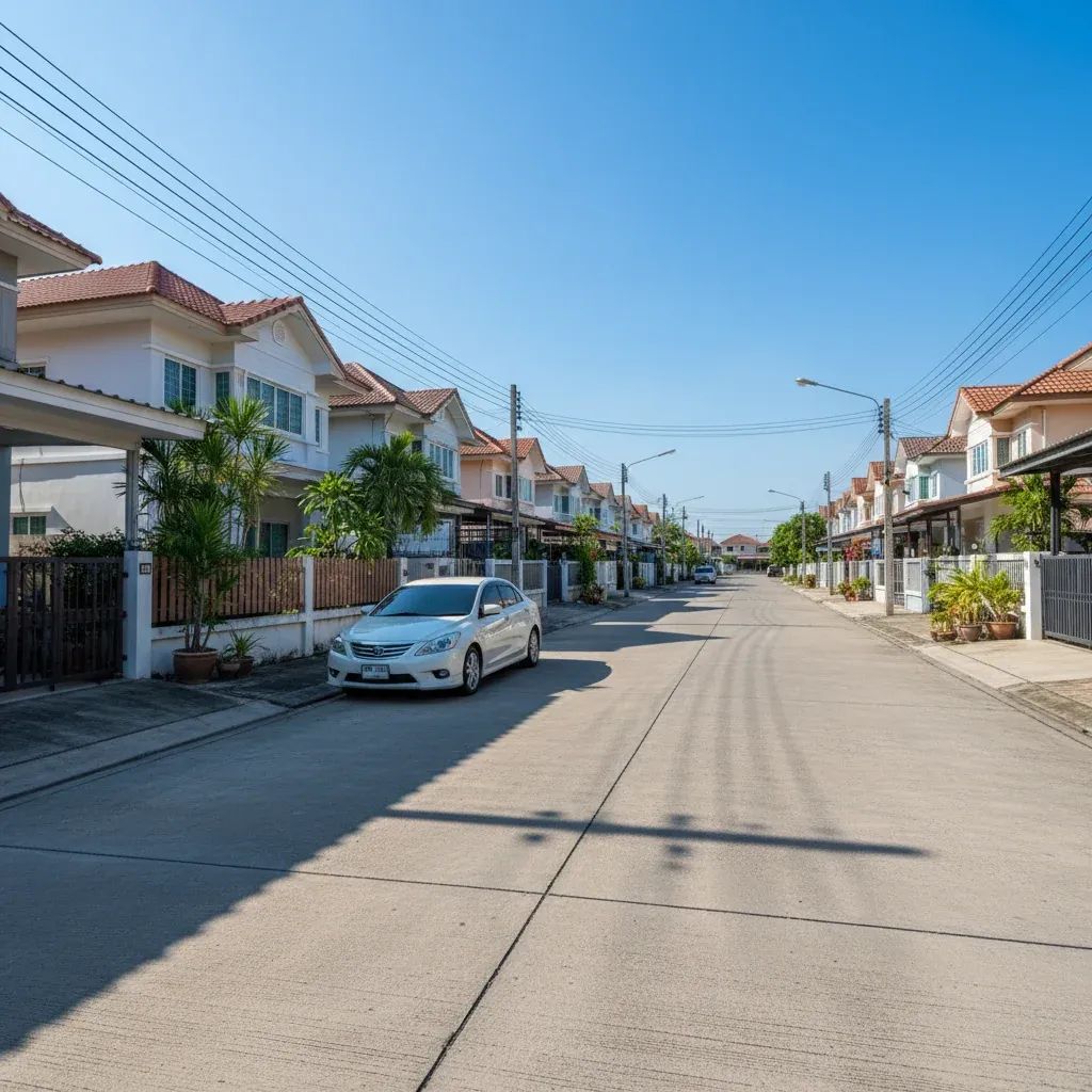 Parked sedan in Thailand residential neighborhood under intense midday heat and sunlight