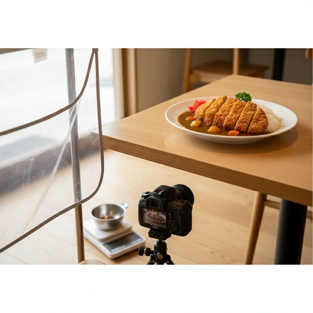 Large plate of Japanese curry rice beside a clear-side apron and floor-mounted camera in a Bangkok eatery