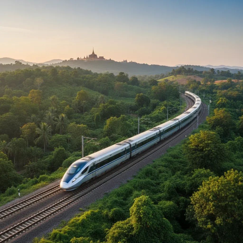 Modern train traveling through lush hills near Chiang Rai with temple in the distance
