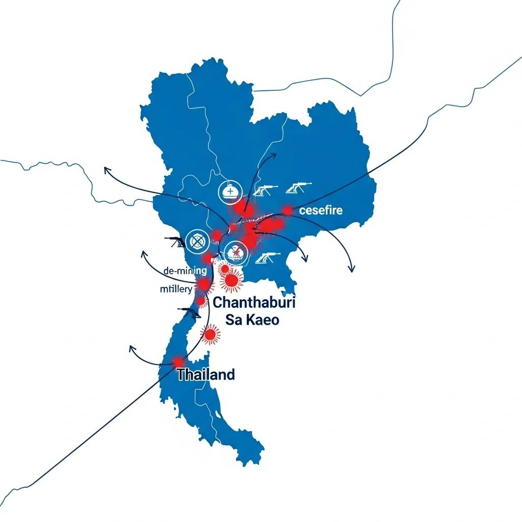 Infographic map of Thailand-Cambodia border showing conflict hotspots and ceasefire markers