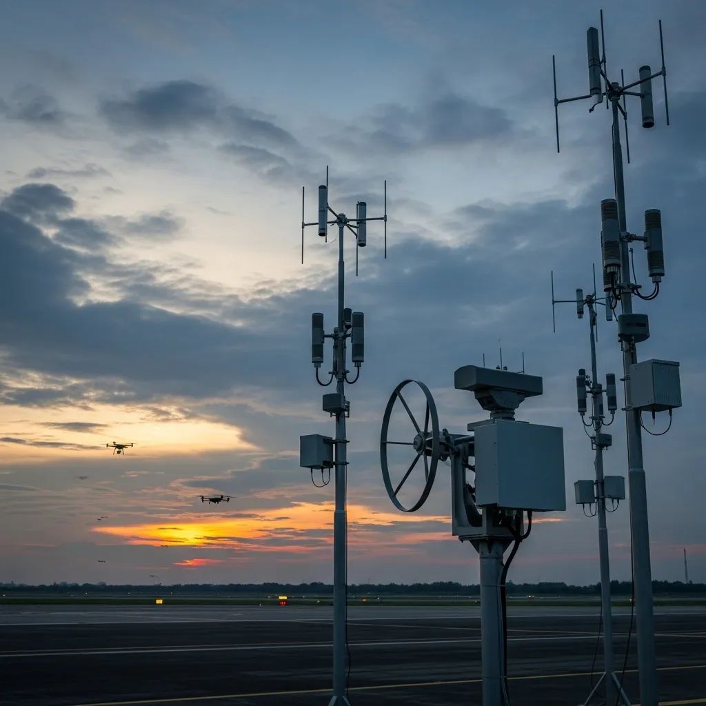 Airport runway at twilight with anti-drone radar, signal jammers, and distant drone silhouettes