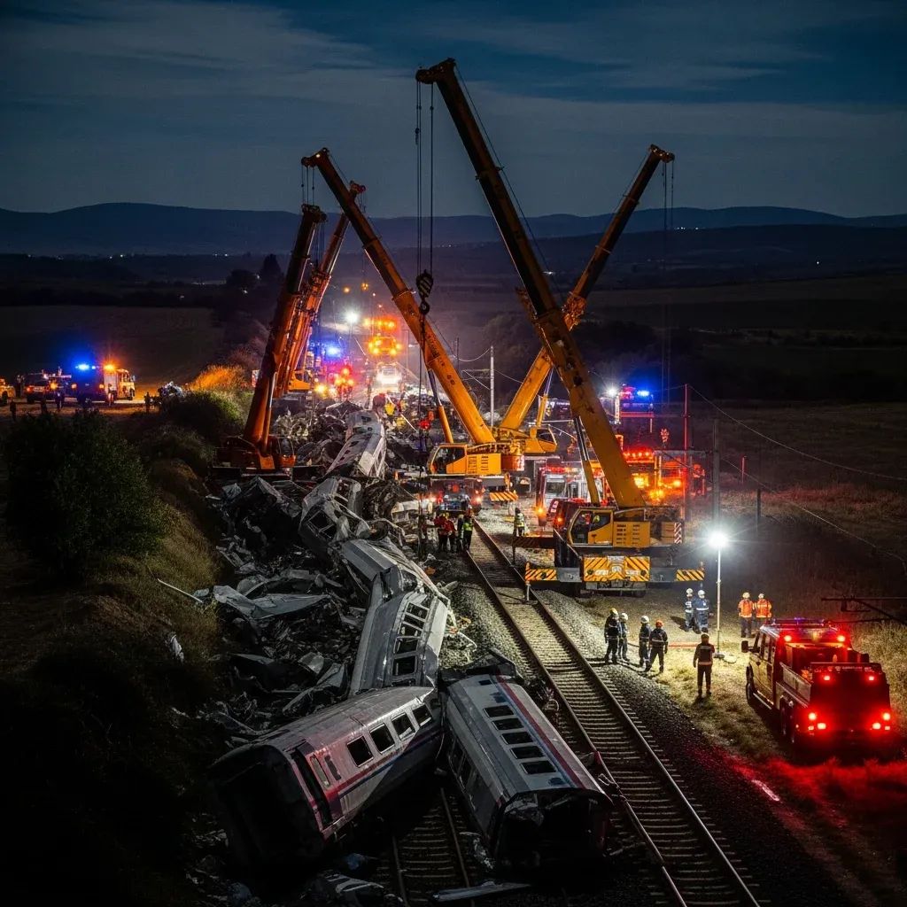 Night-time view of a high-speed train wreck with rescue cranes on an Andalusian rail line