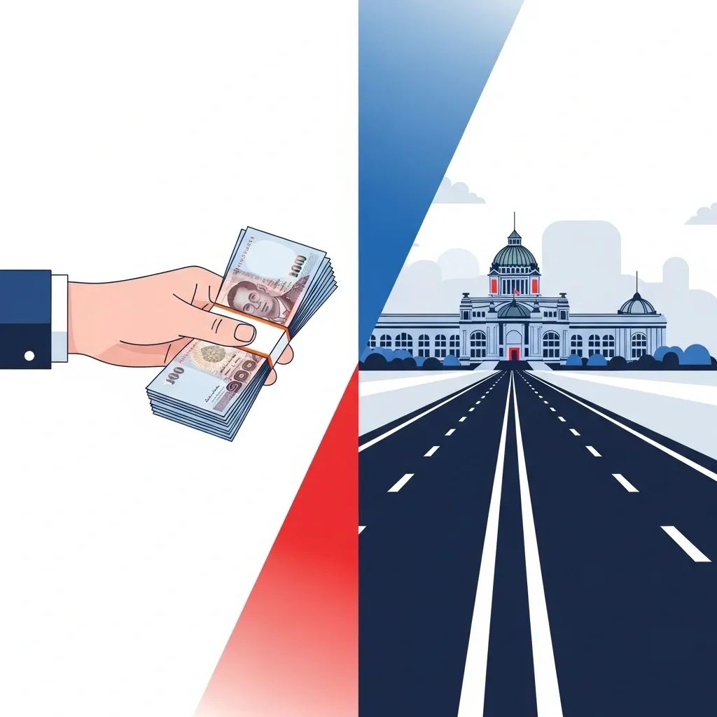 Flat illustration contrasting cash handouts with long-term development toward Thai parliament