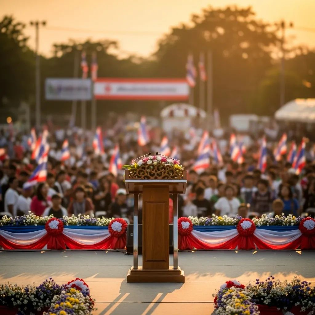 Empty Bhumjaithai Party campaign stage with single podium and party-colored decorations