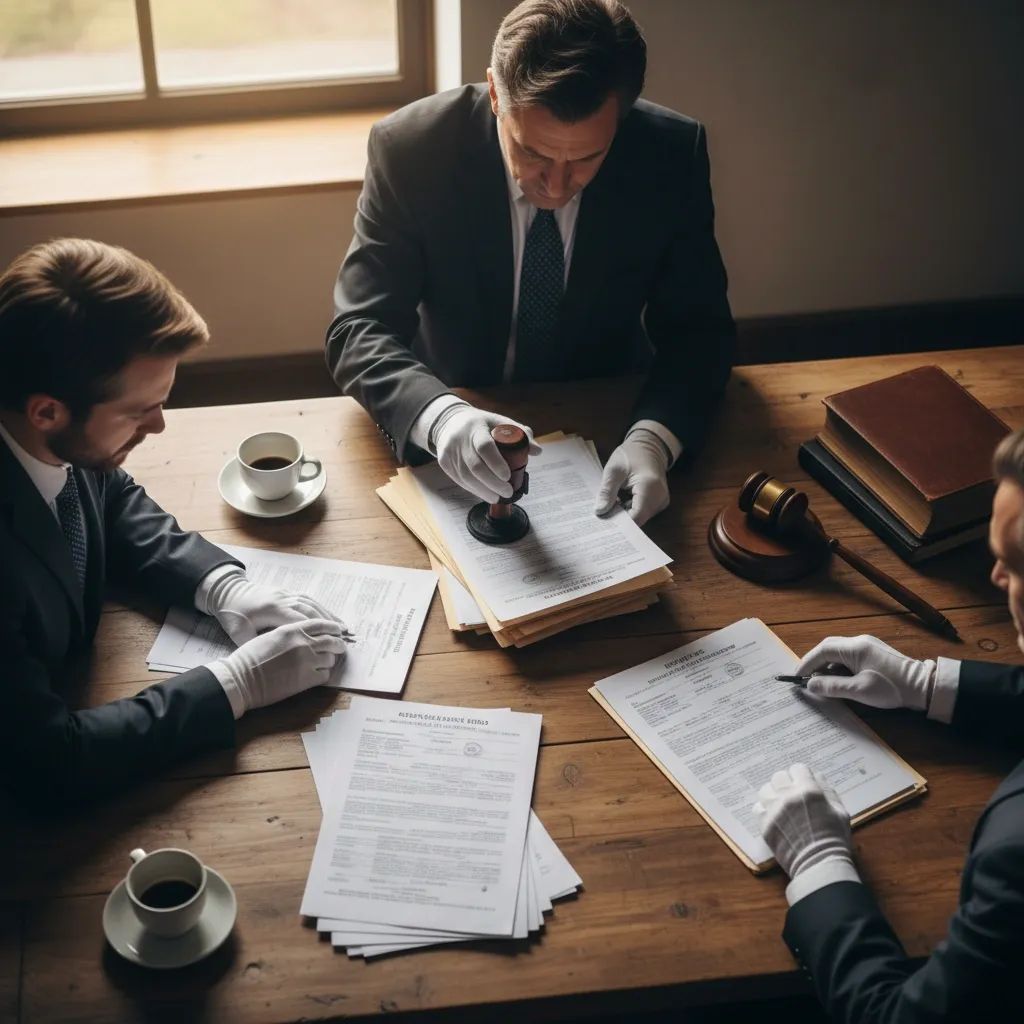 Top-down view of election officials reviewing and stamping candidate forms with a gavel on a desk