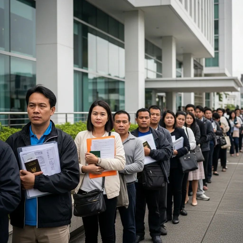 Visa applicants holding documents in line outside a consulate building