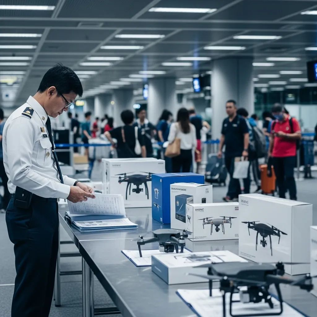 Airport security officer inspecting boxed drones at a Thai airport checkpoint