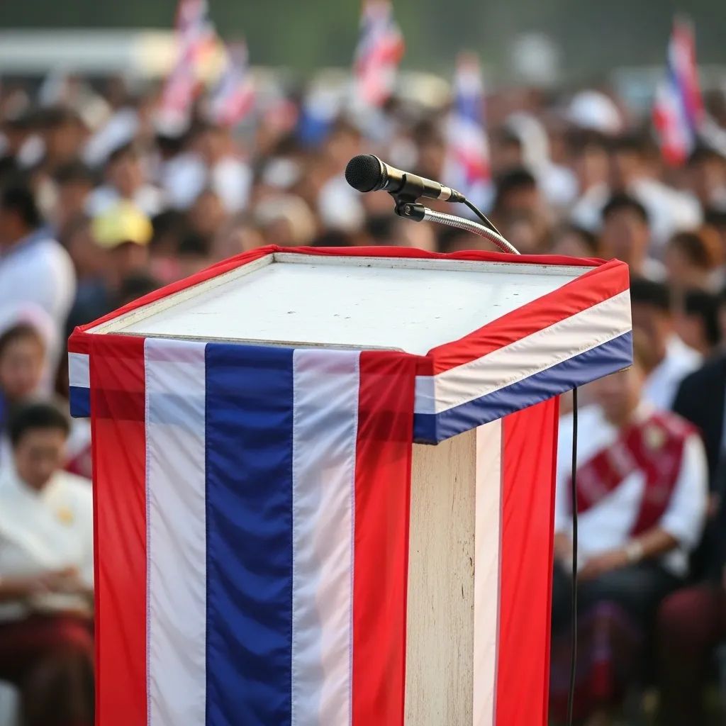 Podium draped in Thai flag colors at a political rally with blurred audience background