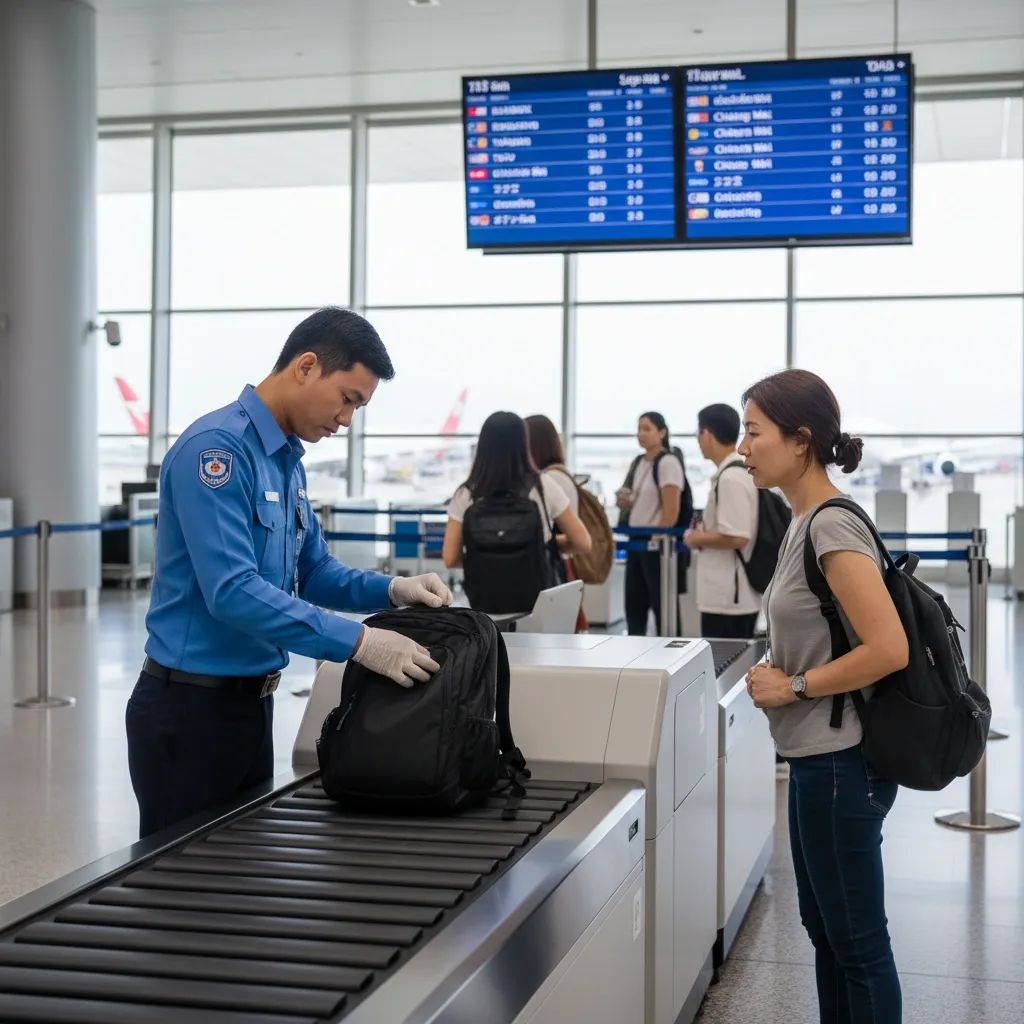 Airport security officer inspecting passenger's carry-on bag at X-ray checkpoint