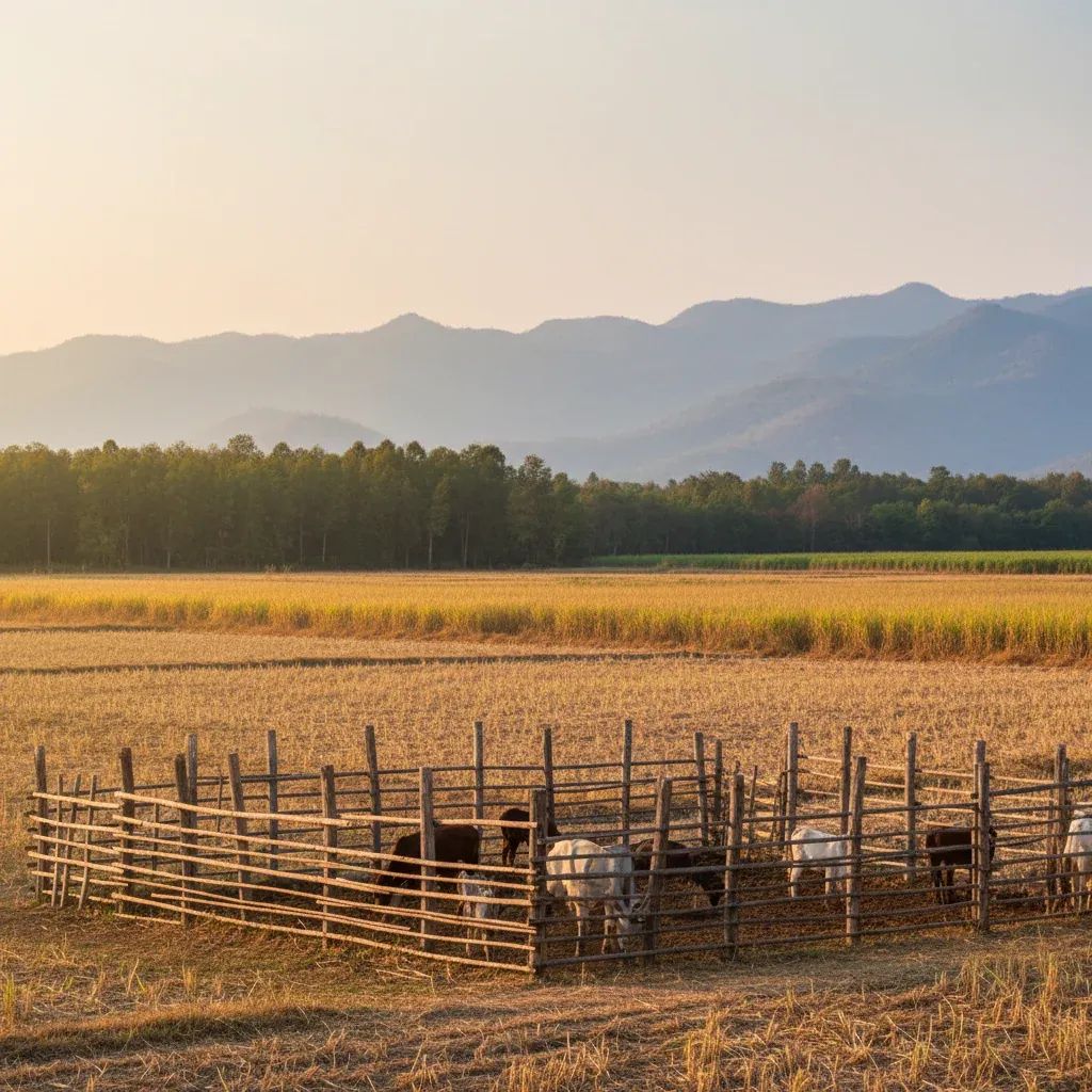 Rural Thai farmland near forest edge with livestock enclosure and sugarcane fields in Kamphaeng Phet province