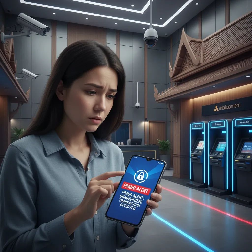Person checking smartphone for fraud alerts at Thai bank ATM, highlighting cybercrime risks