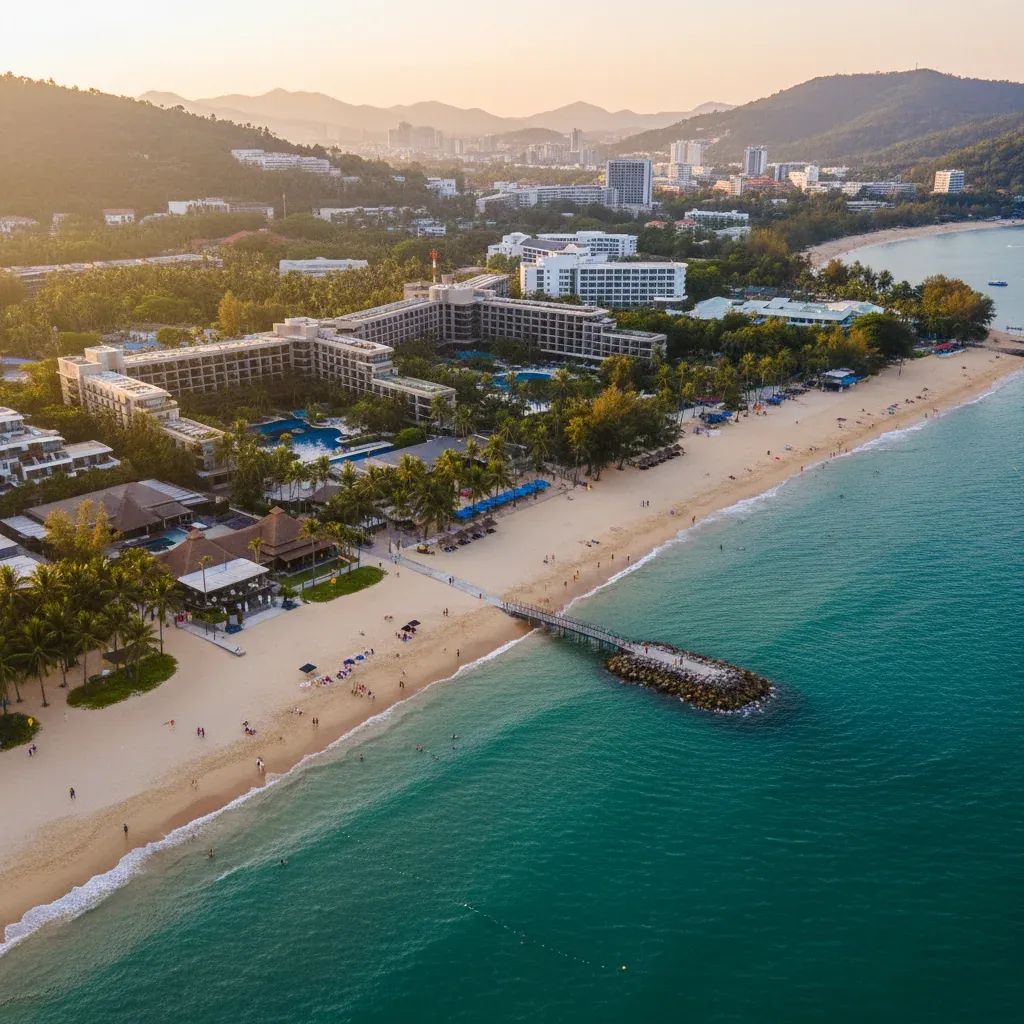 Aerial view of Phuket beachfront showing luxury resorts and tourism infrastructure along Thailand's coast