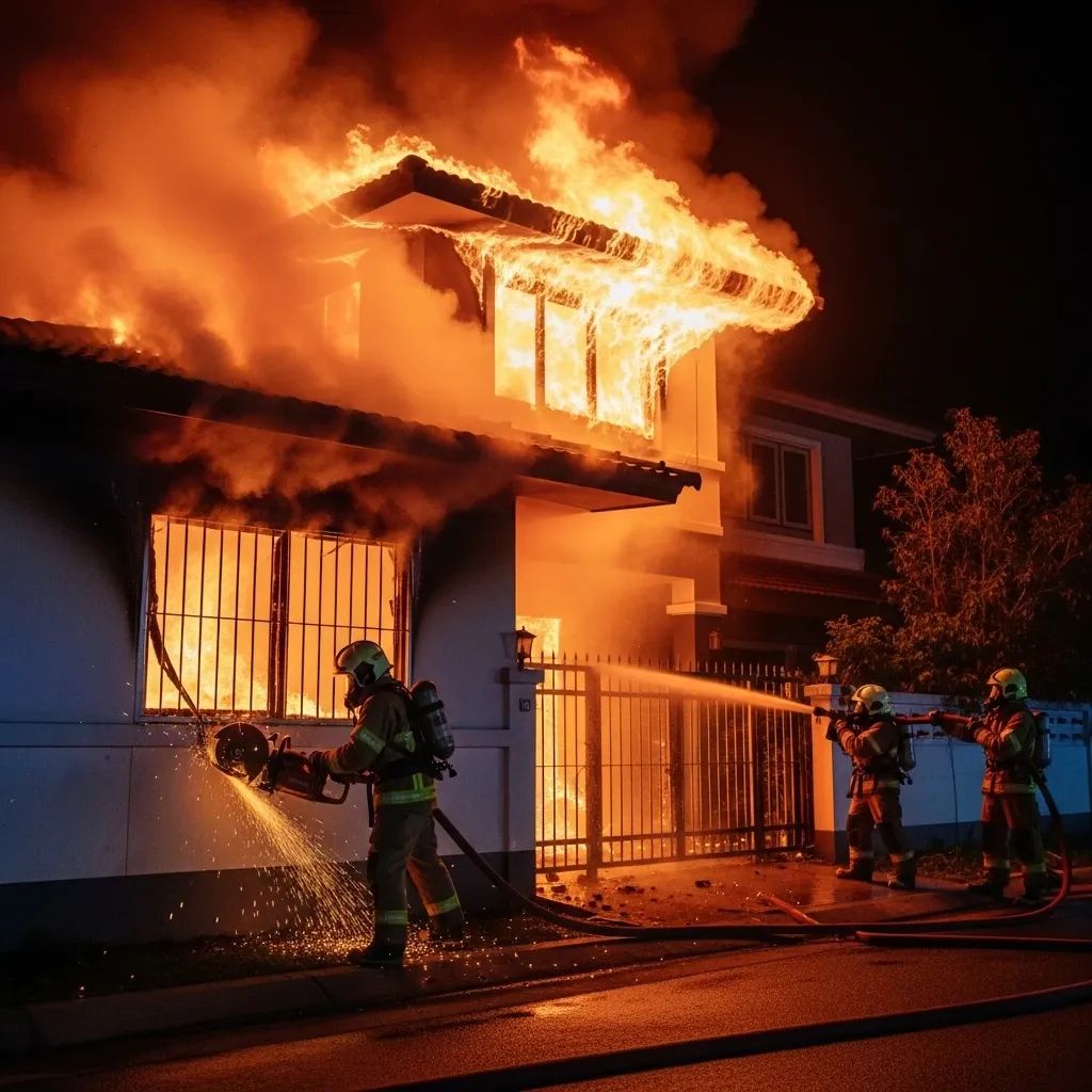 Firefighters cutting steel window bars on a burning suburban Thai home at night