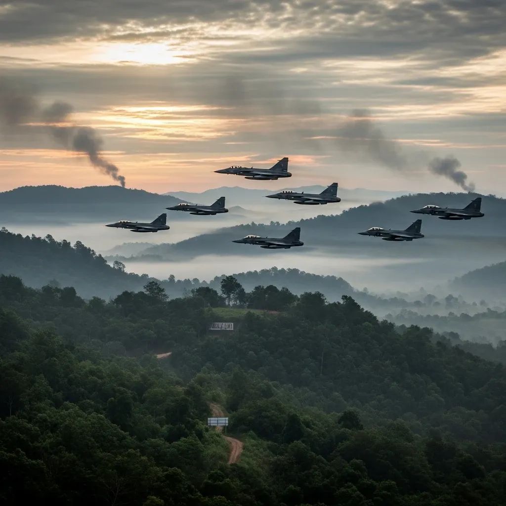 Military jets flying over a forested border hill with smoke rising from impact sites