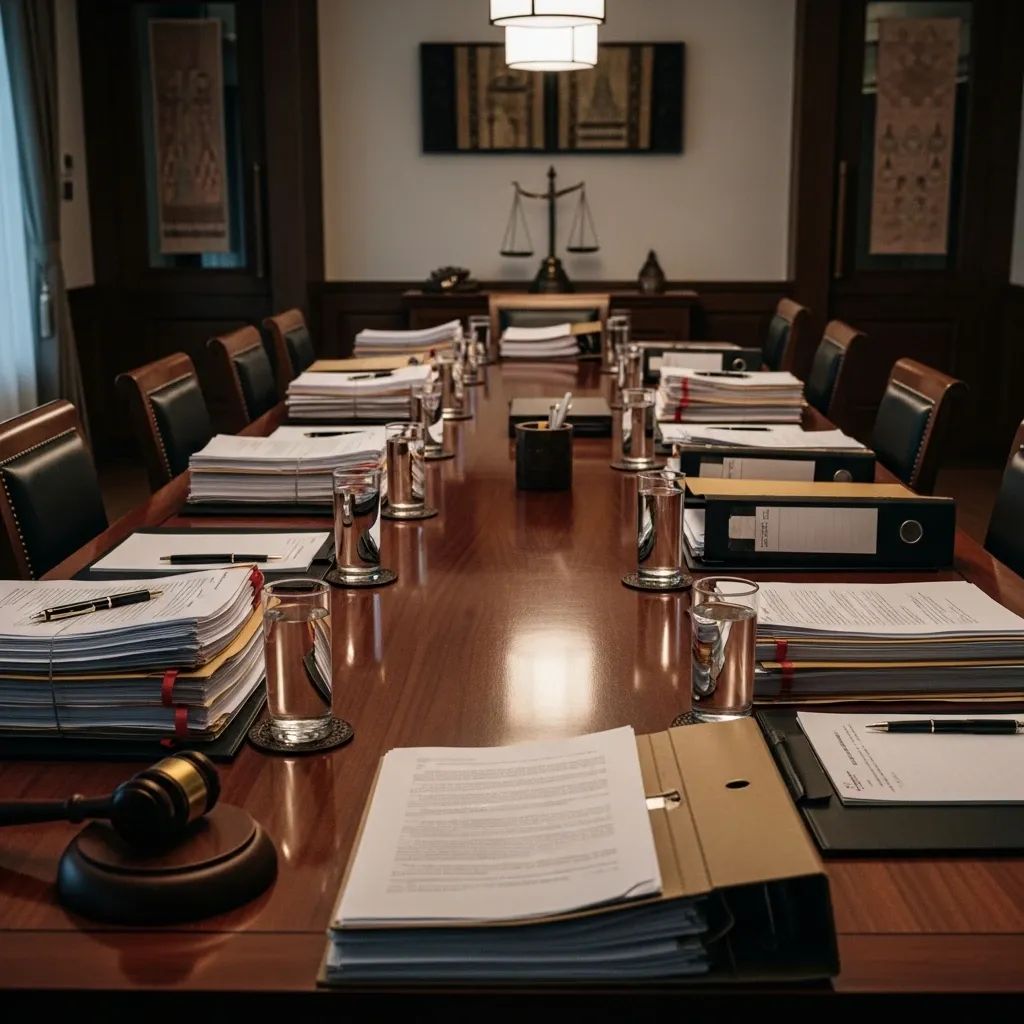 Formal meeting room interior with stacks of legal documents and a gavel symbolizing the NACC hearing