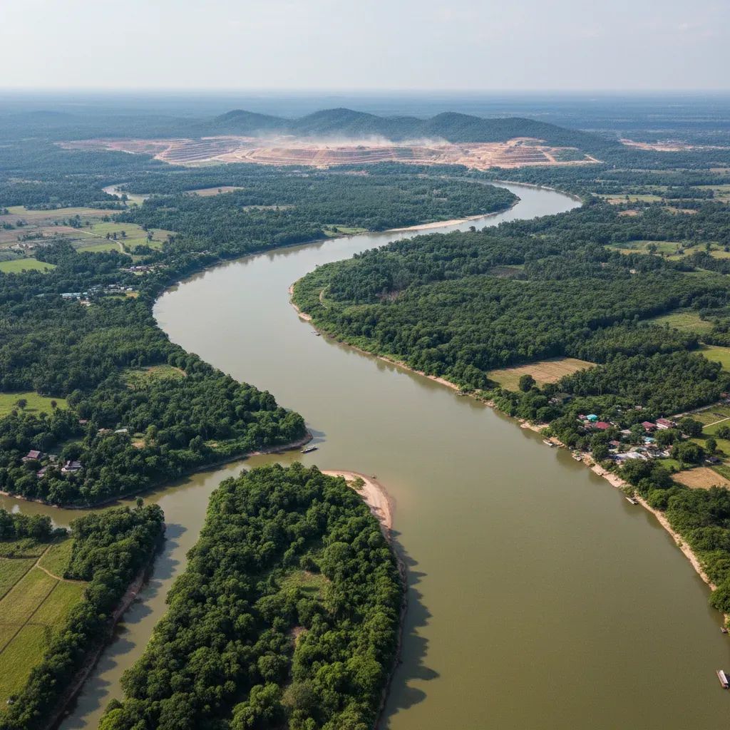 Aerial view of polluted Mekong River with industrial mining facilities on Myanmar hills and forested Thai banks