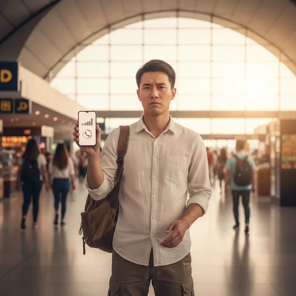 Young traveler checking phone signal at Phuket airport terminal