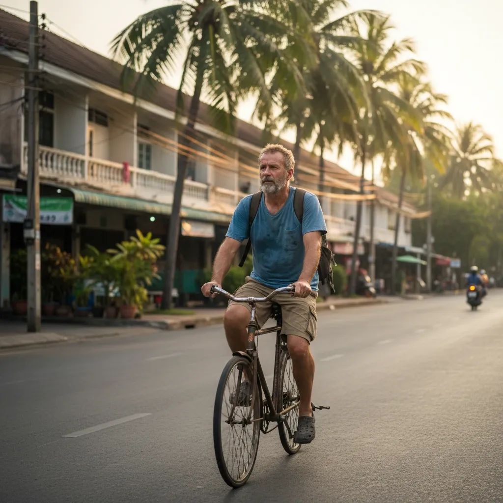 Foreign retiree on bicycle in Pattaya, symbolizing budget-conscious lifestyle adaptation