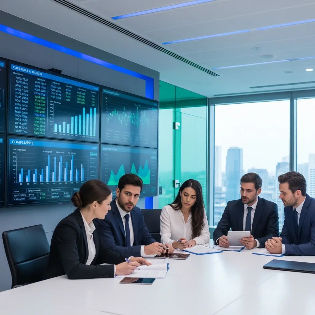 Bank professionals reviewing compliance documents with digital analytics displayed on screens