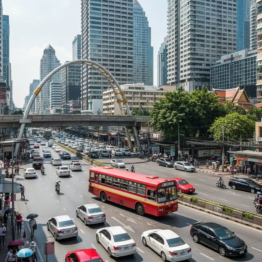 Bangkok street scene with public bus on busy avenue during daytime traffic