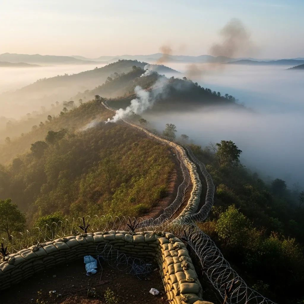 Sandbag fortifications on a misty border ridge with barbed wire and distant artillery smoke