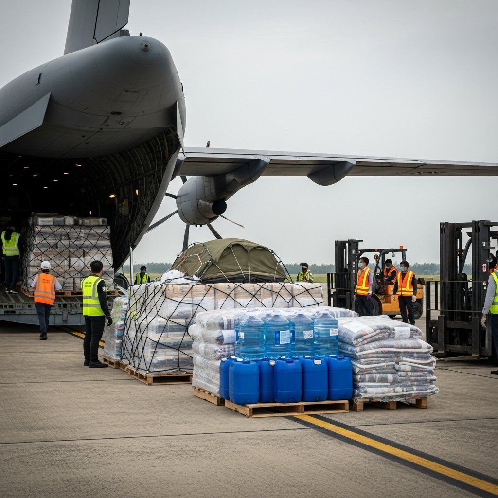 Cargo plane unloading tents and water containers at a Thai airport for southern flood relief