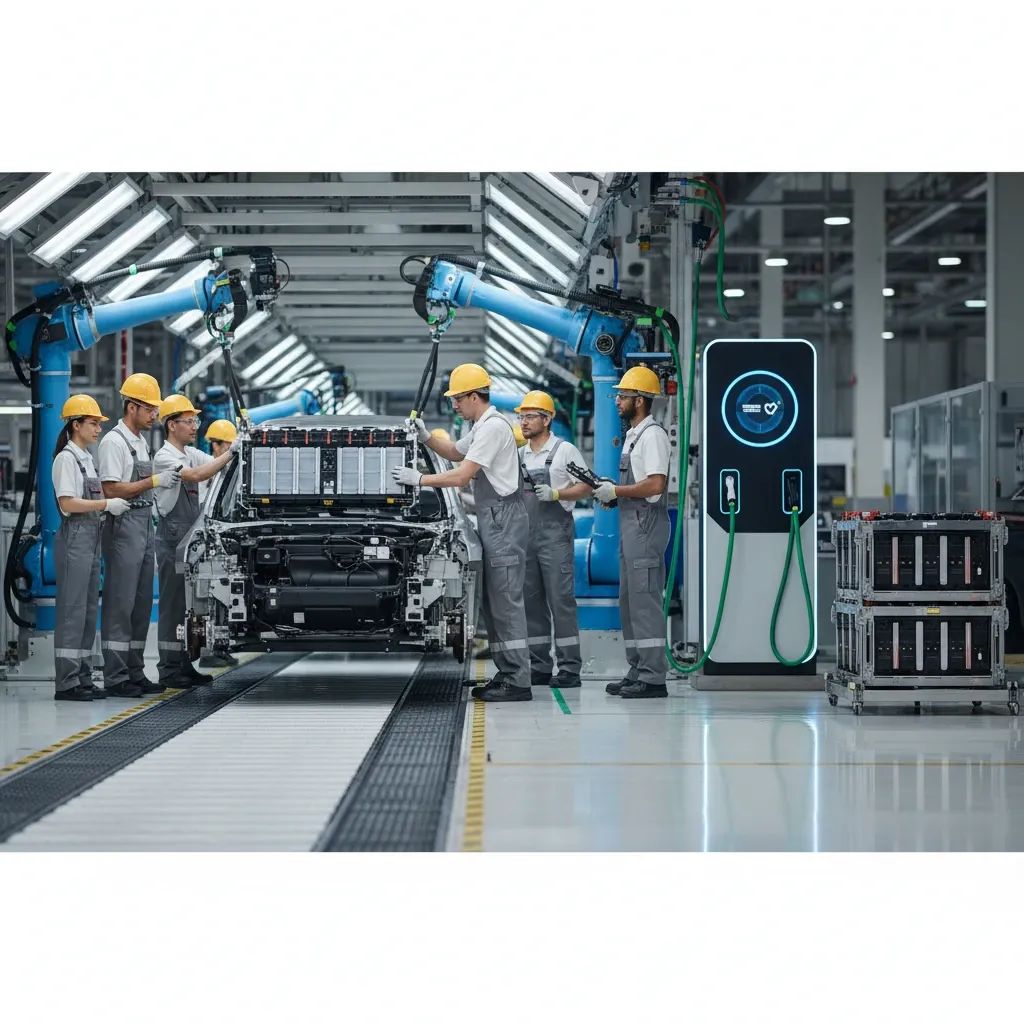 Modern electric vehicle assembly line in Thai factory with workers and battery components visible