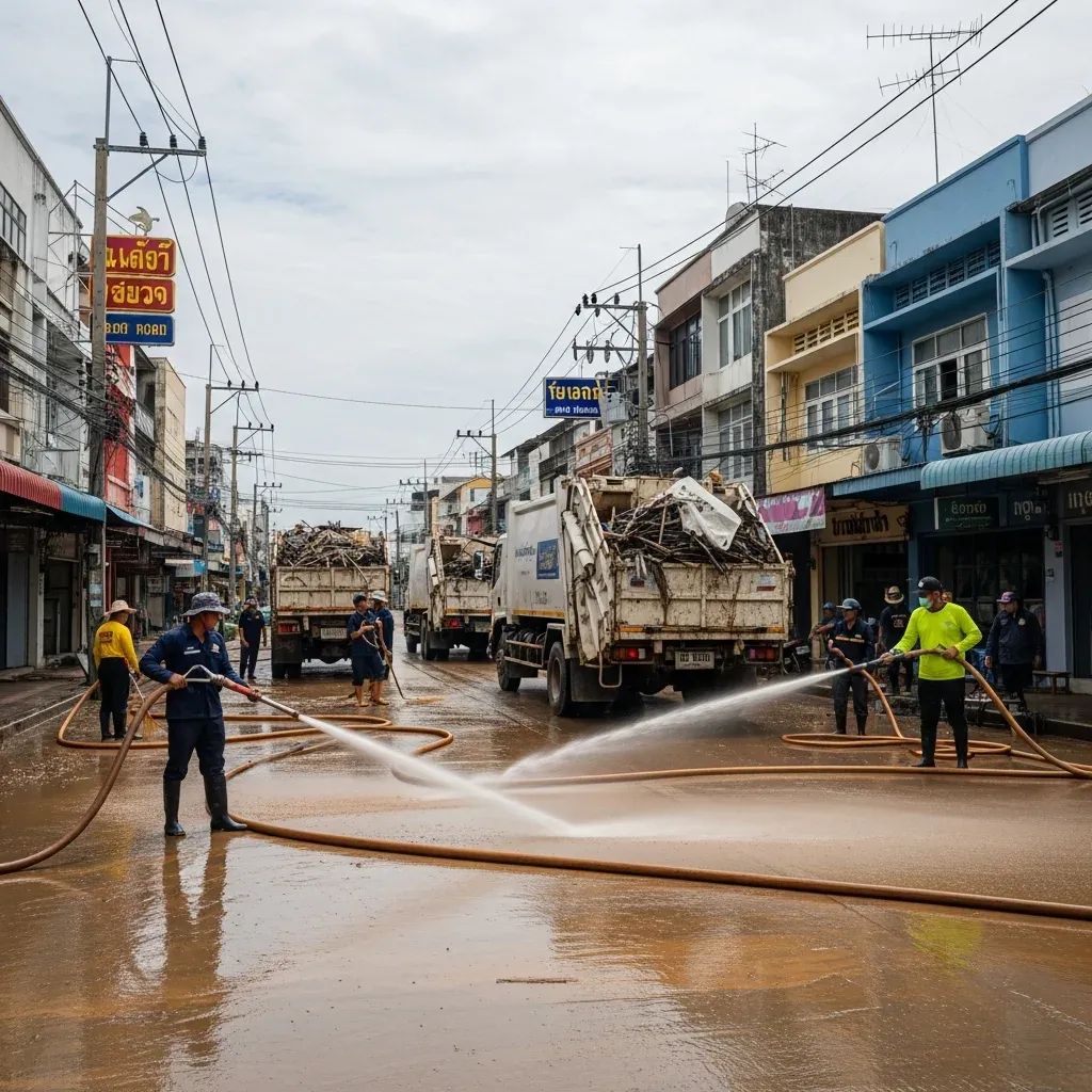 Cleanup crew using hoses and trucks to clear flood debris from a muddy Hat Yai street