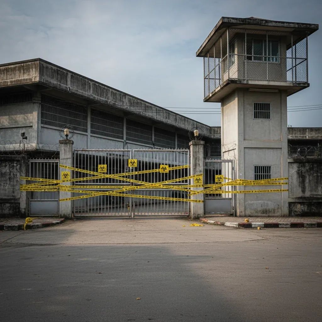 Exterior of a Thai prison sealed with yellow quarantine tape signaling an mpox outbreak