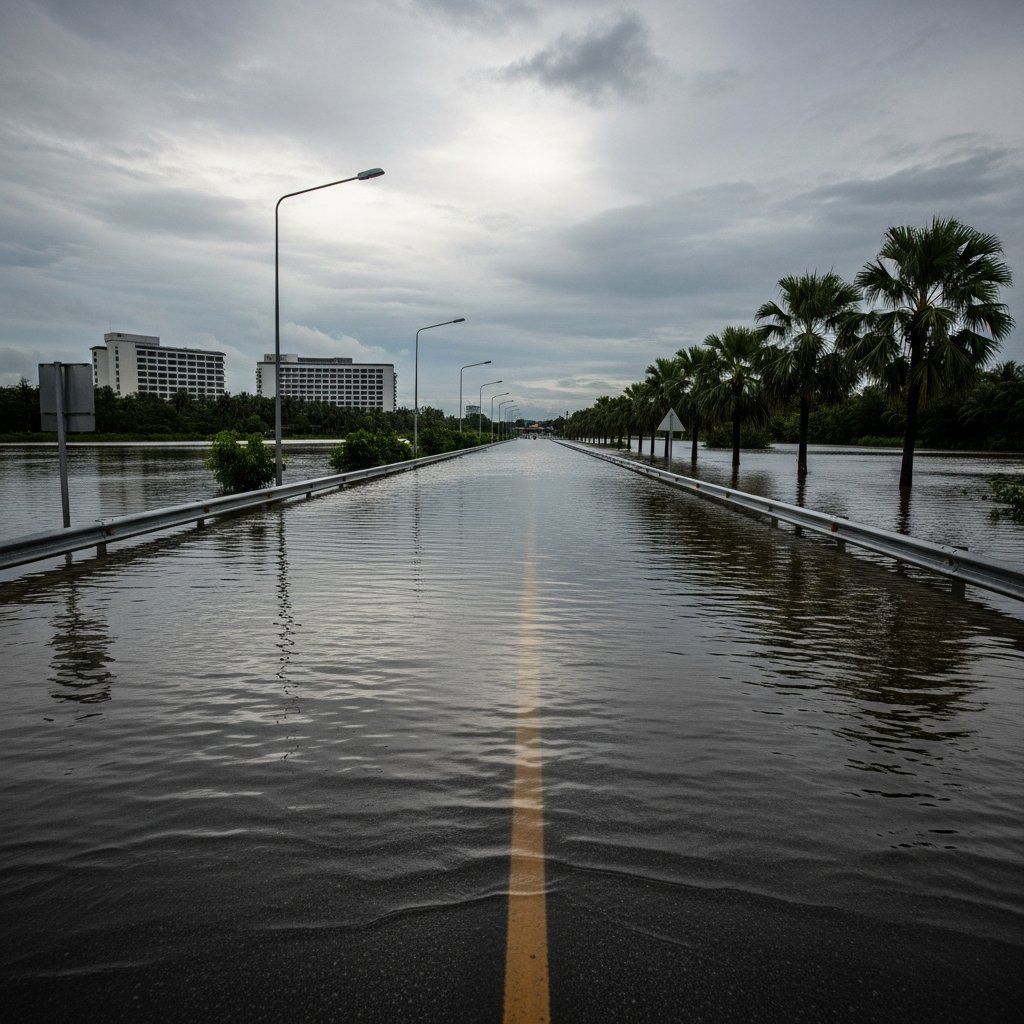 Flooded road near a southern Thailand border checkpoint with submerged barriers and hotel silhouettes