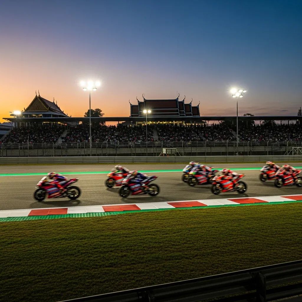 Floodlit Chang International Circuit at dusk with MotoGP bikes racing past packed grandstands