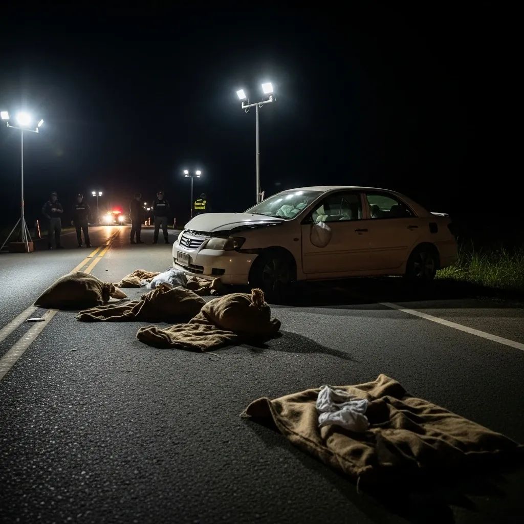 Nighttime rural checkpoint with crashed white Toyota Vios and sacks at a border patrol site