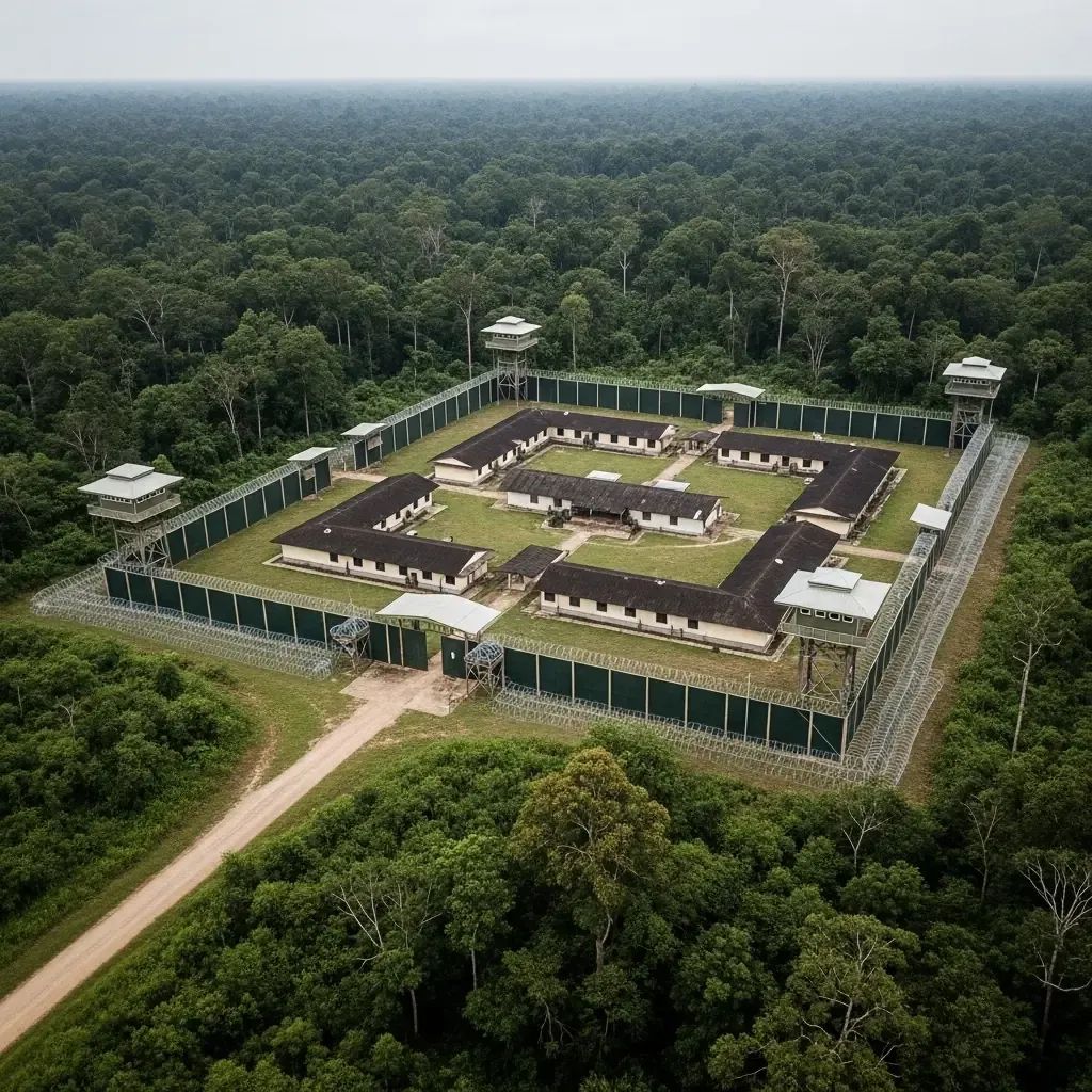 Aerial view of a fortified compound with razor wire fences in a forested border region